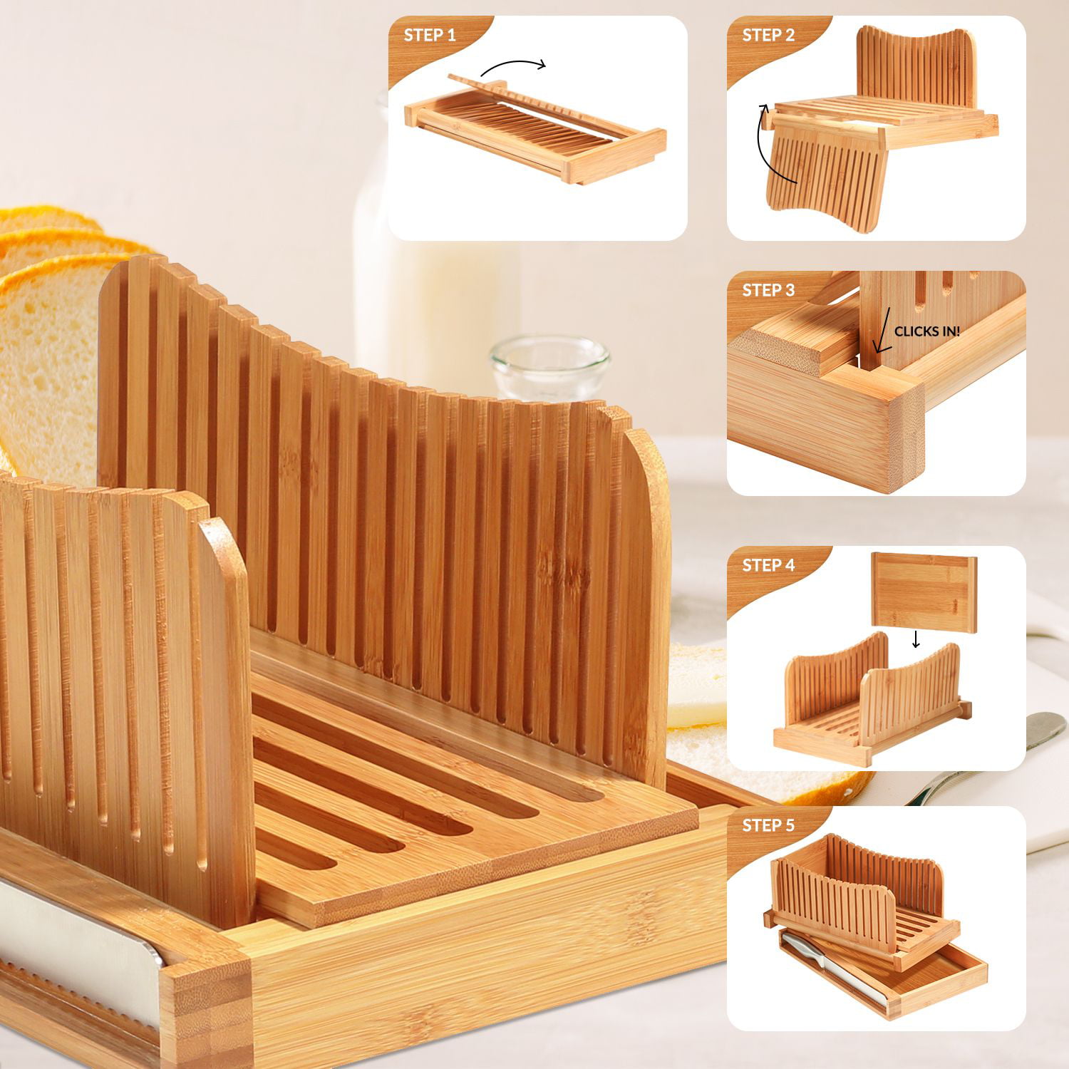 Bamboo Bread slicer, Bread Cutter guide adjustable, Bread Loaf Slicer  cutting board & Crumb Catcher Tray, Stainless Steel Knife, Compact &  Foldable 2