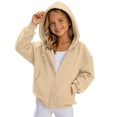 thumbnail image 2 of Girls Full Zip Hooded Jacket, Solid Loose Zip Up Hoodie with Pockets, Spring Fall Long Sleeve Casual Outerwear Beige 9 Years, 2 of 9
