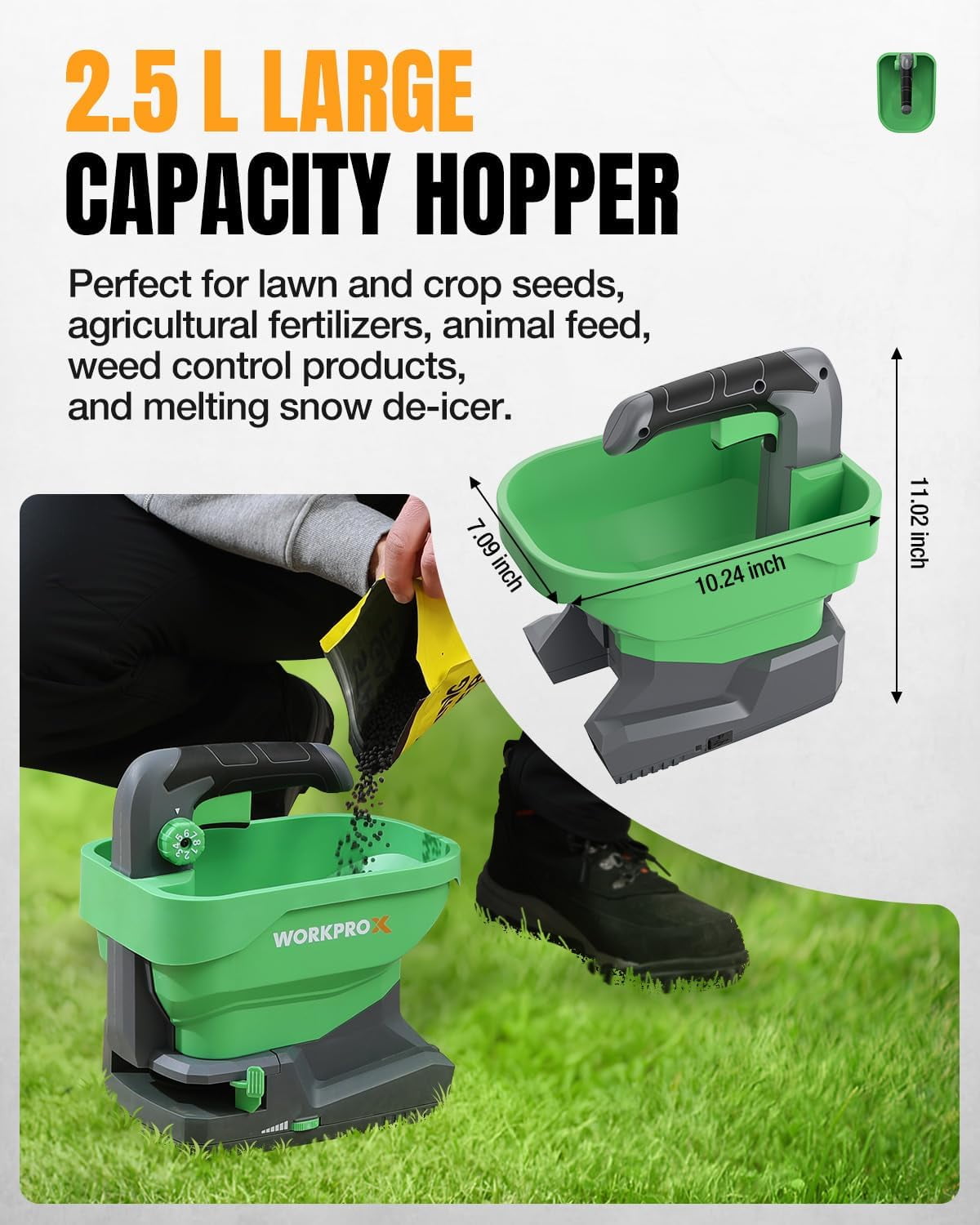 WORKPROX Battery Powered Fertilizer Spreader, 7.2V Seed Spreader for Salt, De-Icer, Earth Food, Rechargeable Grass Seed Spreader with 8-Level Settings, Covers up to 6,458 Sq. Ft.