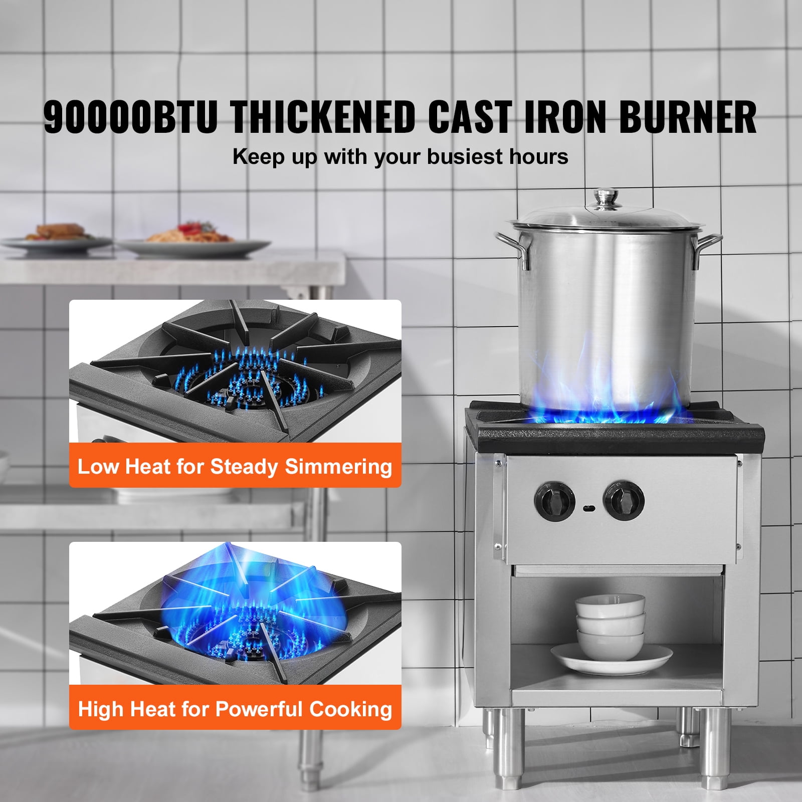 KFFKFF Gas Range for Commercial Kitchens, Dual Fuel Support with Propane & Natural Gas, Stainless Steel Countertop Burner, 90,000 BTU, Includes Storage Cabinet, Ideal for Restaurants