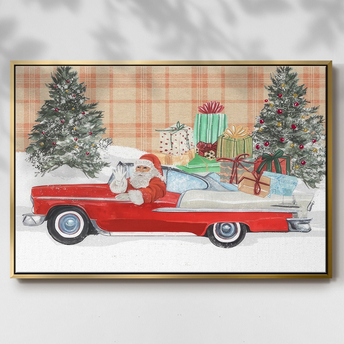 Santa on Wheels II - Framed Gallery Wrapped Holiday Canvas - 17 x 25 - Gold Frame