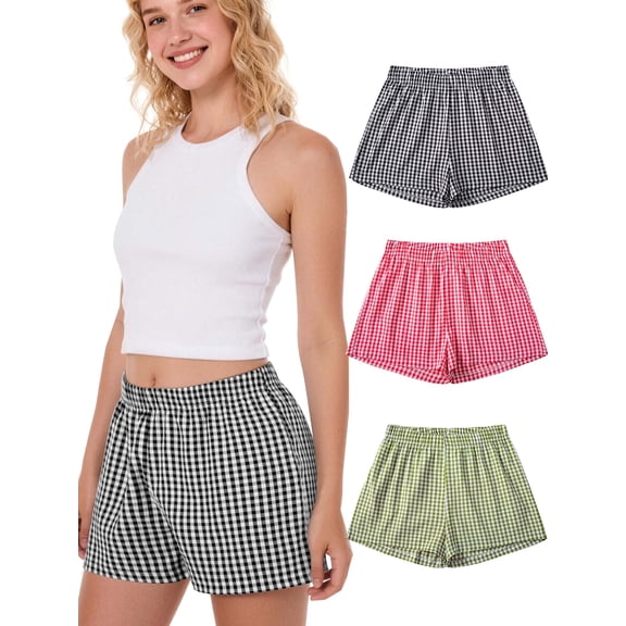 REDESS Women's Pajamas Boxer Shorts Plaid Pattern Summer Casual Lounge Sleepwear，Sizes S-2XL 3 Pack