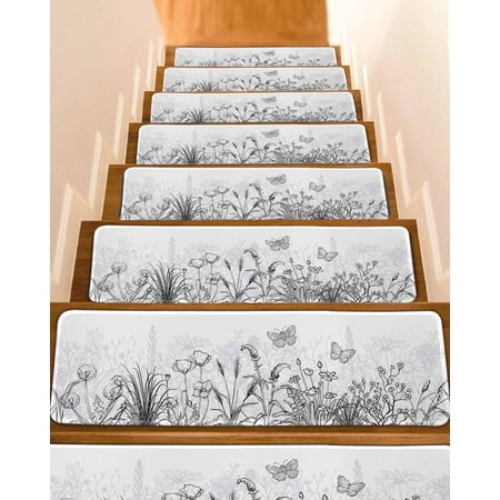 Stair Treads for Wooden Steps,Black Spring Floral Peel and Stick Stair Treads with Adhesive,Summer Botanical Butterfly Modern Non Slip Indoor Stairs Runner Rugs Mats for Elders Dogs 8"x30" 15PCS