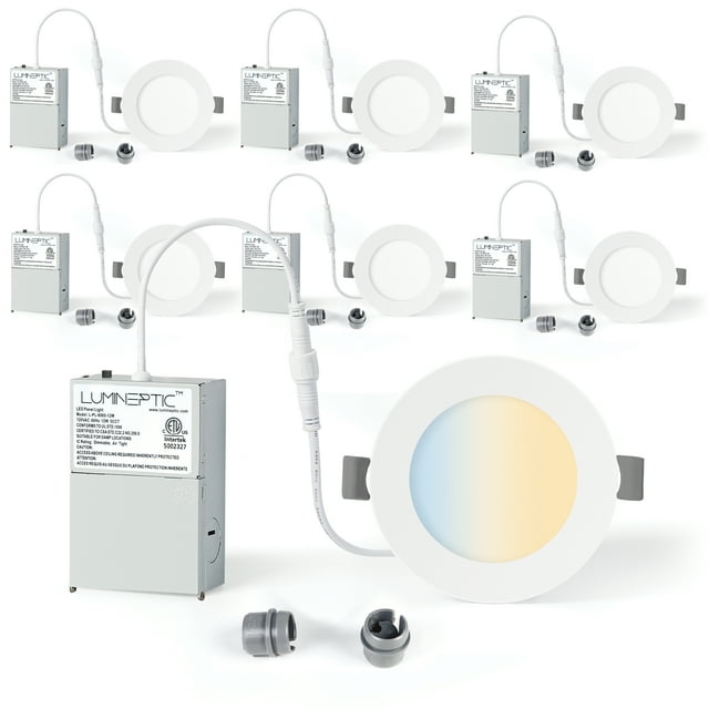 LUMINEPTIC 4 Inch 6 Pack 5CCT Dimmable Slim Recessed LED Pot Lights, Selectable Colors, Bathroom & Damp Locations
