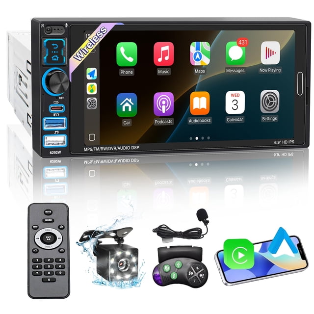 Single Din Car Stereo with Wireless Apple Carplay & Android Auto, 6.9" IPS Touchscreen Radio Bluetooth 5.2, Physical Knob Control