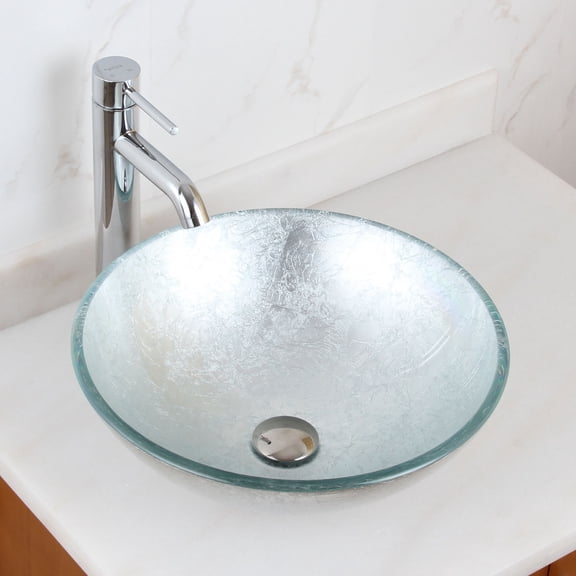 Elite Handcrafted Metallic Silver Foil Underlay Tempered Glass Bathroom Vessel Sink with Chrome Pop-up Drain and Mounting Ring - 1308 P01008C