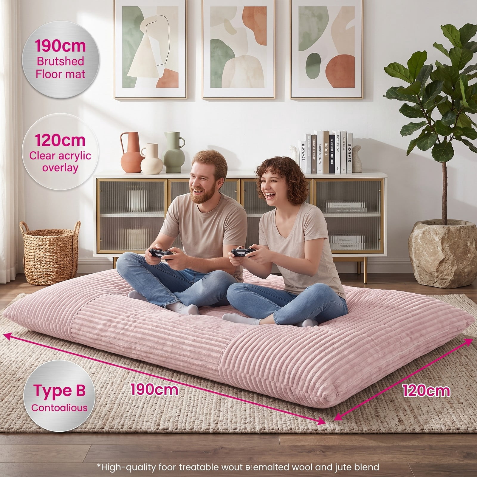 Furnibear Convertible Bean Bag Floor Sofa with Machine-Washable Corduroy Cover, Shredded Foam Lounger Bean Bag Bed for Dorm Living Room Gaming Reading Naps, Pink