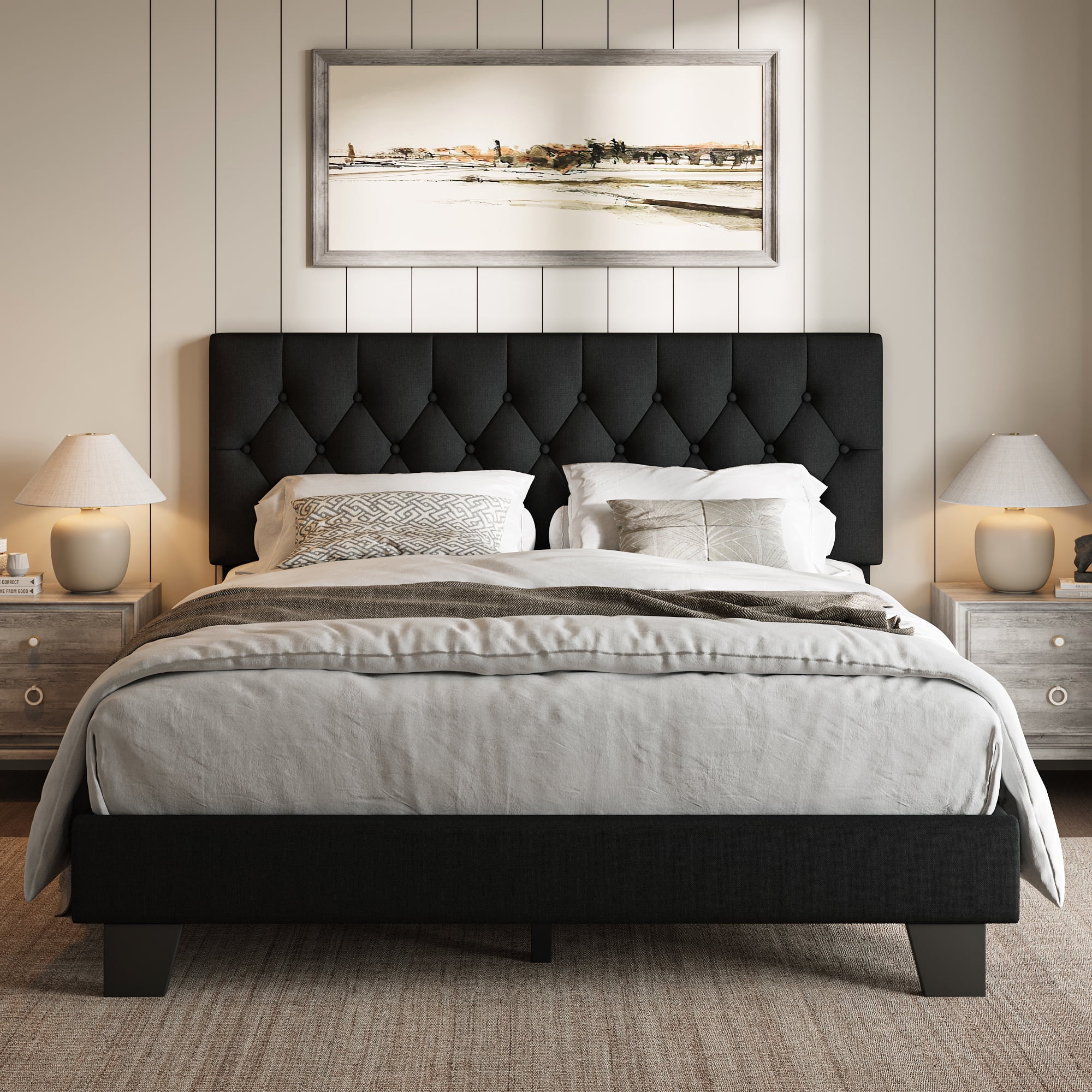 Honfach Queen Size Velvet Bed Frame with Upholstered Button Tufted Headboard, Platform Bed with Wooden Slats Support, Black