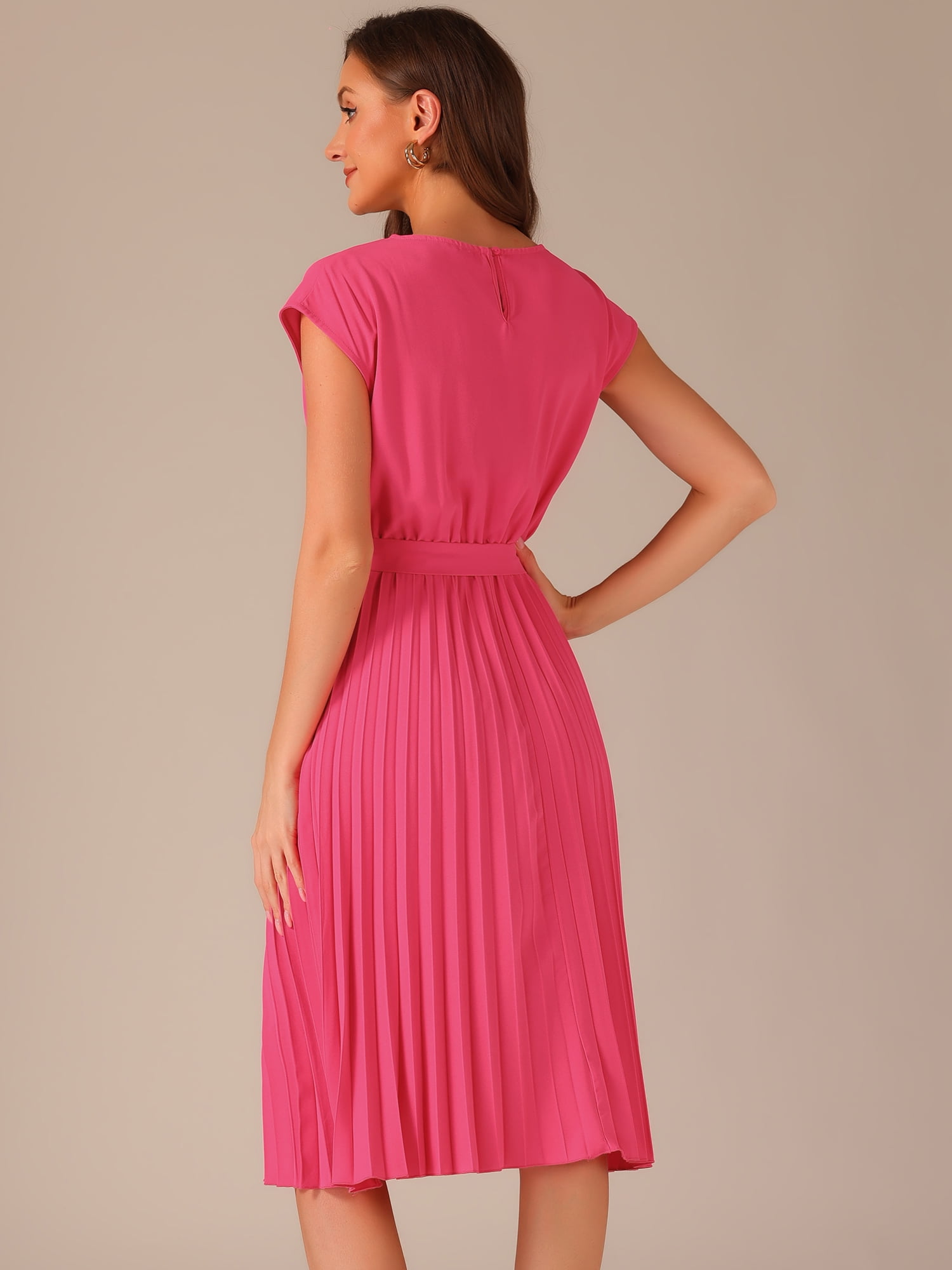DARING DIVA Women's Pleated Crew Neck Sleeveless Tie Waist A Line Dresses L Hot Pink