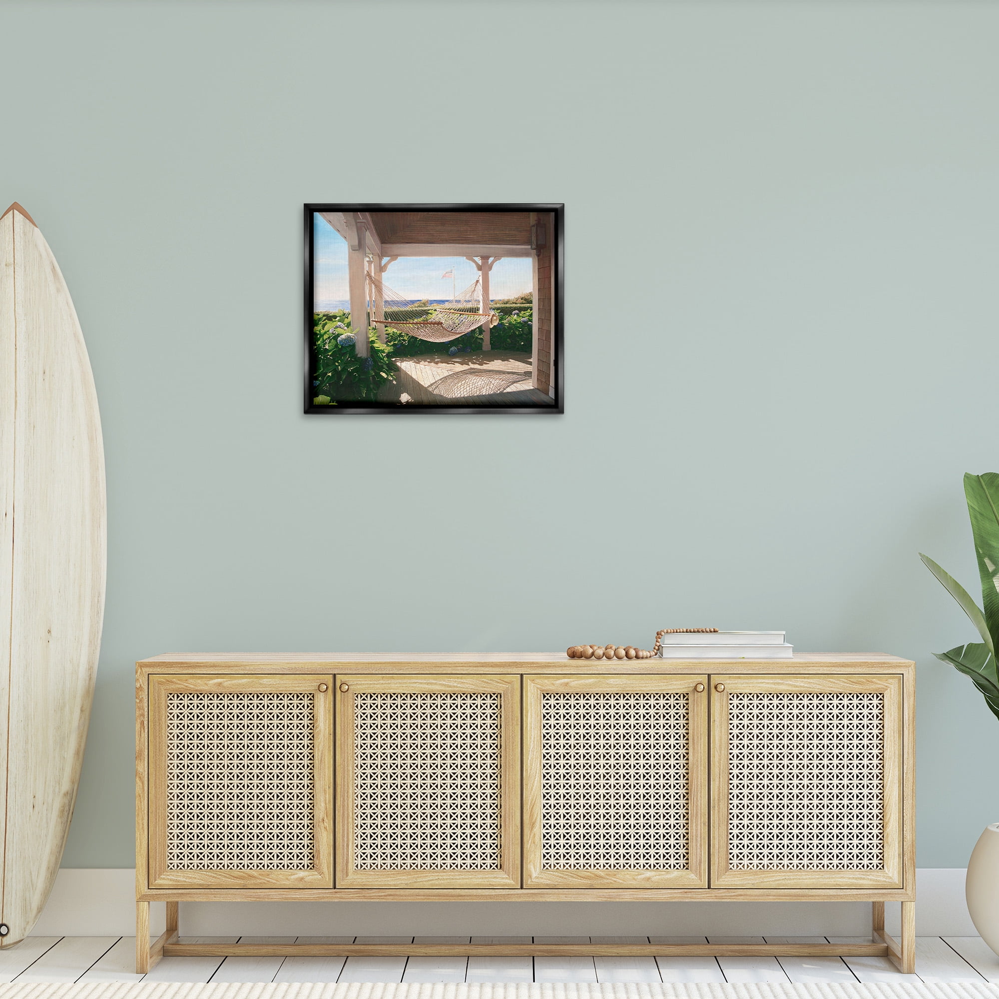 Stupell Industries Hammock & Coastal Porch Landscape Painting Black Floater Framed Canvas Art Print Wall Art, 31 x 25