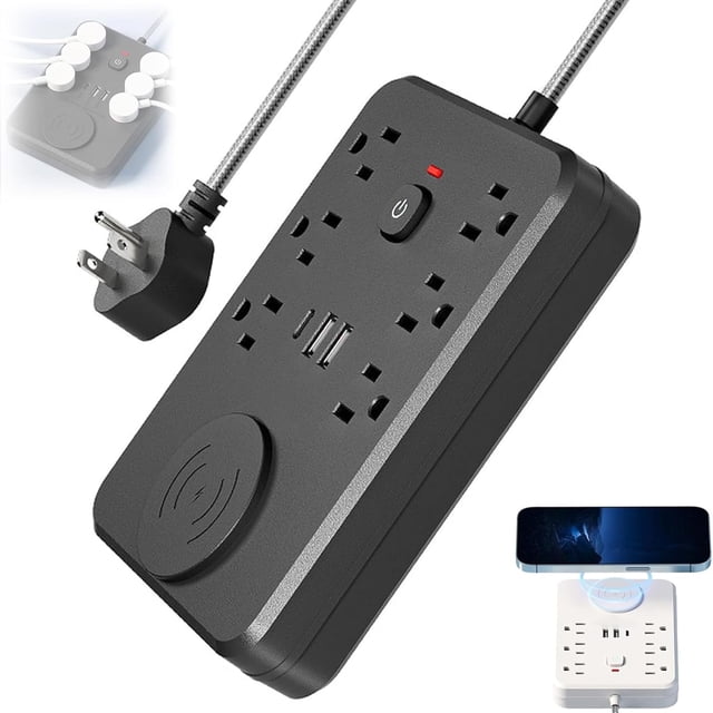 Power Strip with 6 Outlets & 3 USB (2A+1C), 15W Wireless Charger, with Overload Protection Switch, 5FT Extension Cord, for Home/Office/Dorm Charging Station for Multiple Devices (Black)