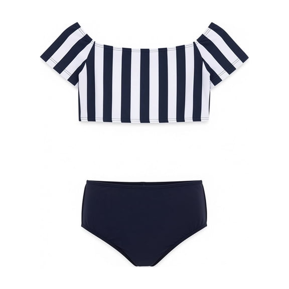 Rggeeun Child Girls Swimsuit Set 2Pc Cute Stripes Pattern Short Sleeve Square Neck Tankini & Elastic High Waist Swim Brief Slim Fit for Summer Water Surfing Cozy Swimwear,Blue,6-8 Years