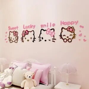 Sanrio Kawaii Hello Kitty 3D pegatina de pared, dibujos animados Anime, decoración de pared de dormitorio de niños, pegatina de fondo de cabecera, juguete de regalo