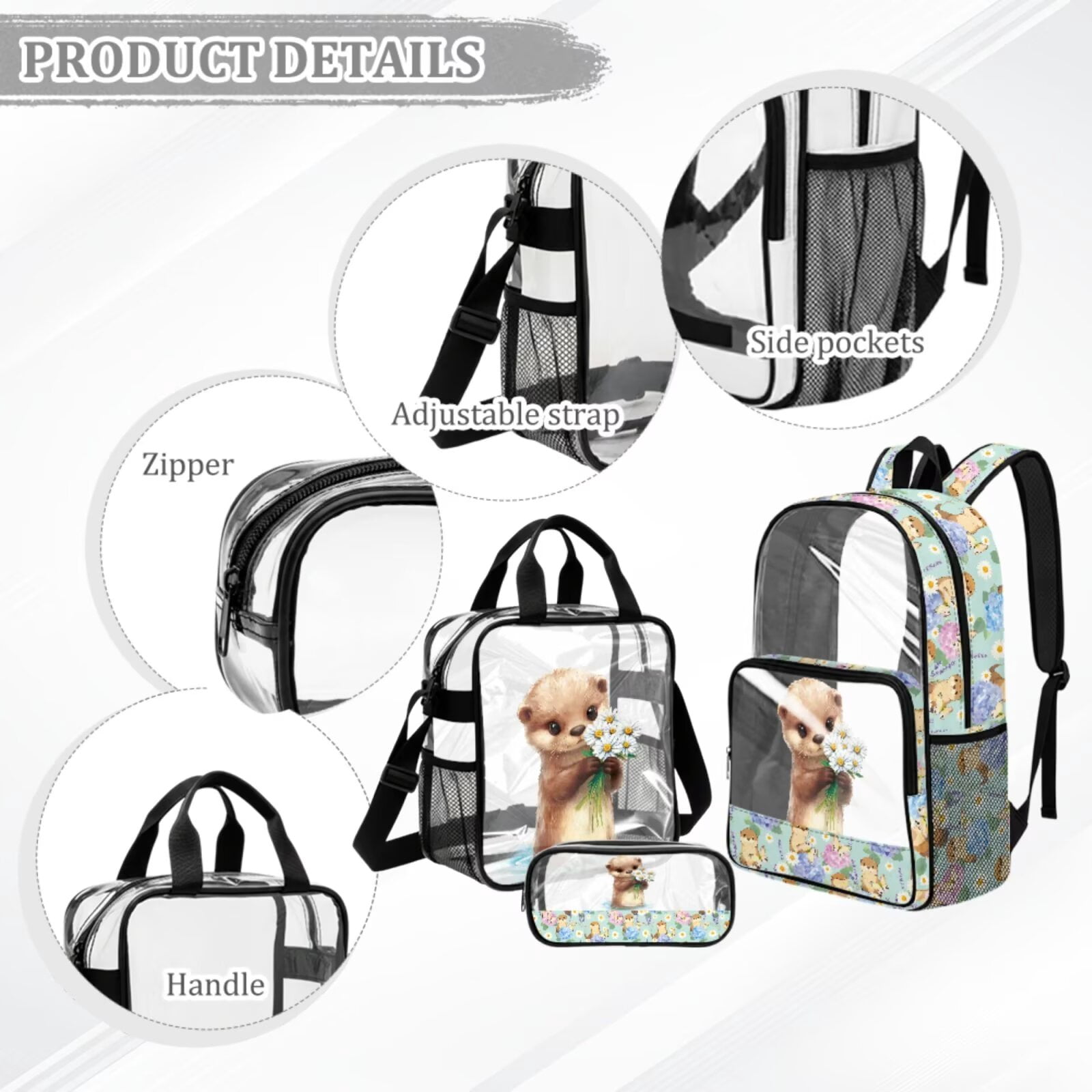 Xixirimido Capybara Daisy Hydrangea Print Clear Backpack 3Pcs Set for Boy Girls PVC See Through Transparent 17in Backpack with Clear Lunch Box & Pencil Case Kids School Stadium Bag Set