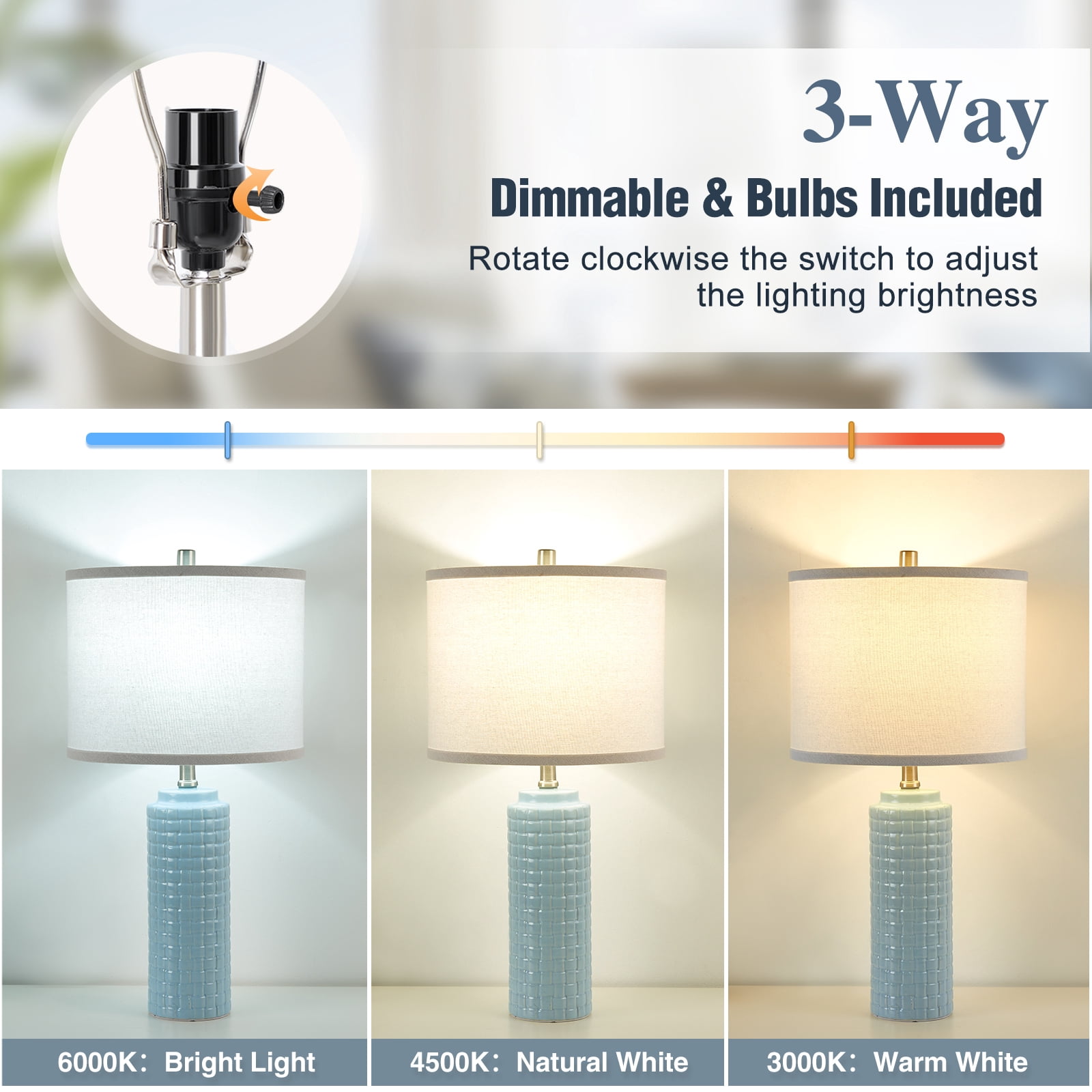 NATYSWAN 24.8" Modern Ceramic Bedside Lamp Set of 2, 3 Color Temperature Bulbs Included - Farmhouse Nightstand Lamps for Living Room Bedroom End Table Office Entryway, Cyan