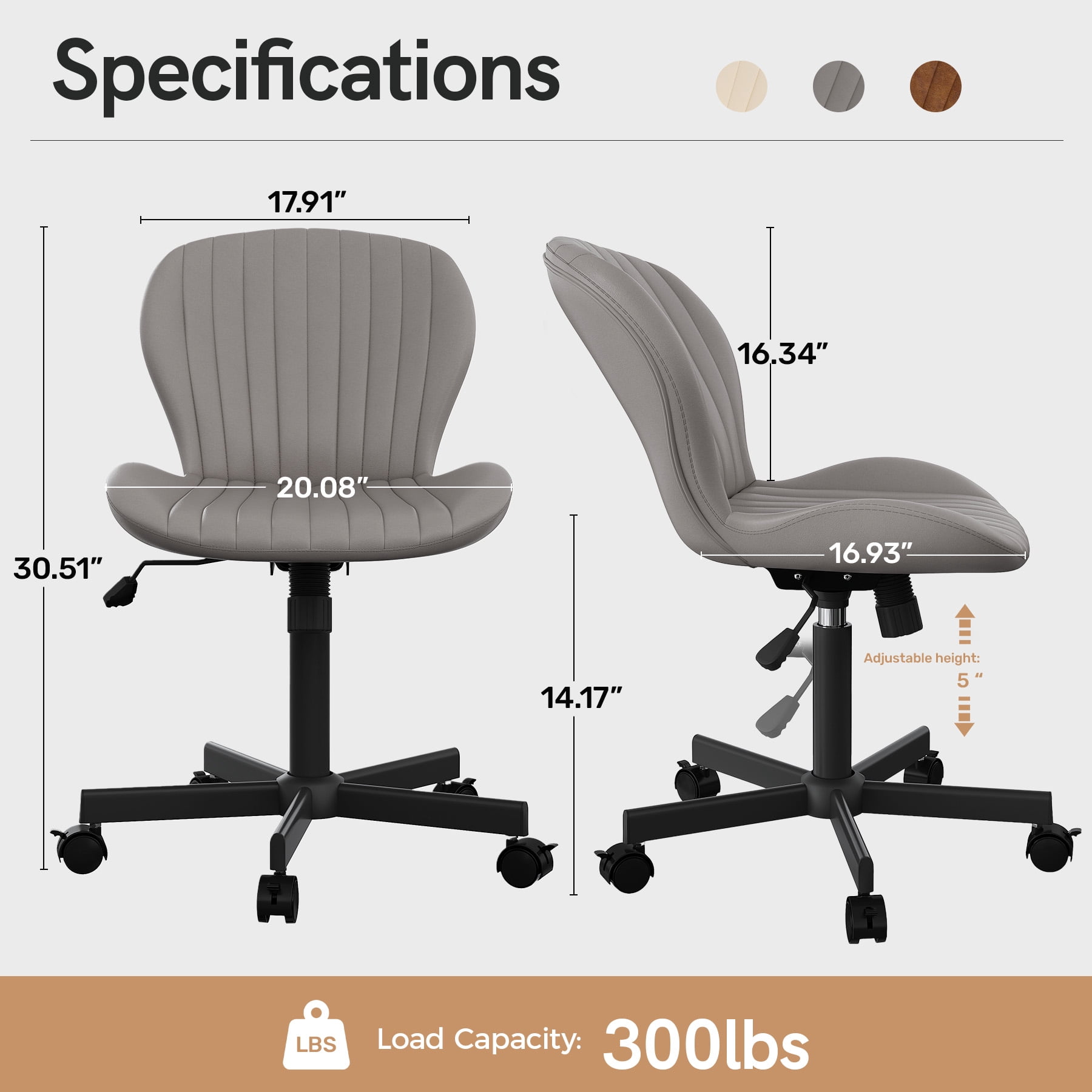 MOONMISS Mid Back PU Leather Desk Chair with Wheels,Armless Adjustable Swivel Vanity Chair for Bedroom Home Office Living Room,Gray