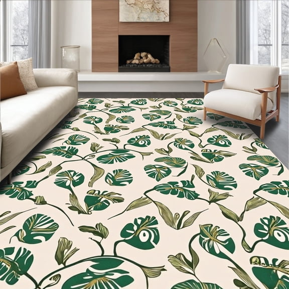ODIKA 4'x6' Machine Washable Non-Slip Area Rug, Modern Interlocking Botanical High Traffic Rug, Ivory, 296869