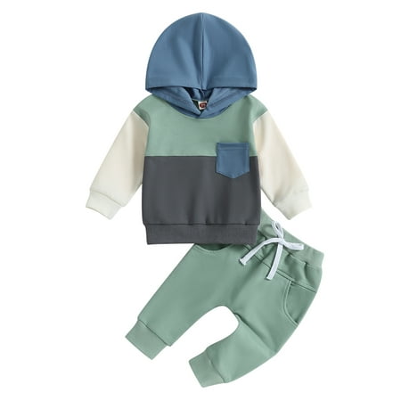 

Wallarenear 2Pcs Baby Boy Tracksuit Contrast Color Hoodied Sweatshirt Drawstring Jogger Pants