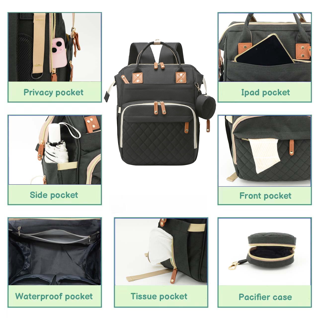 Diaper Bag Backpack, DERSTUEWE Diaper Backpack, Baby Bag with Insulated Bottle Pockets, Unisex, Black