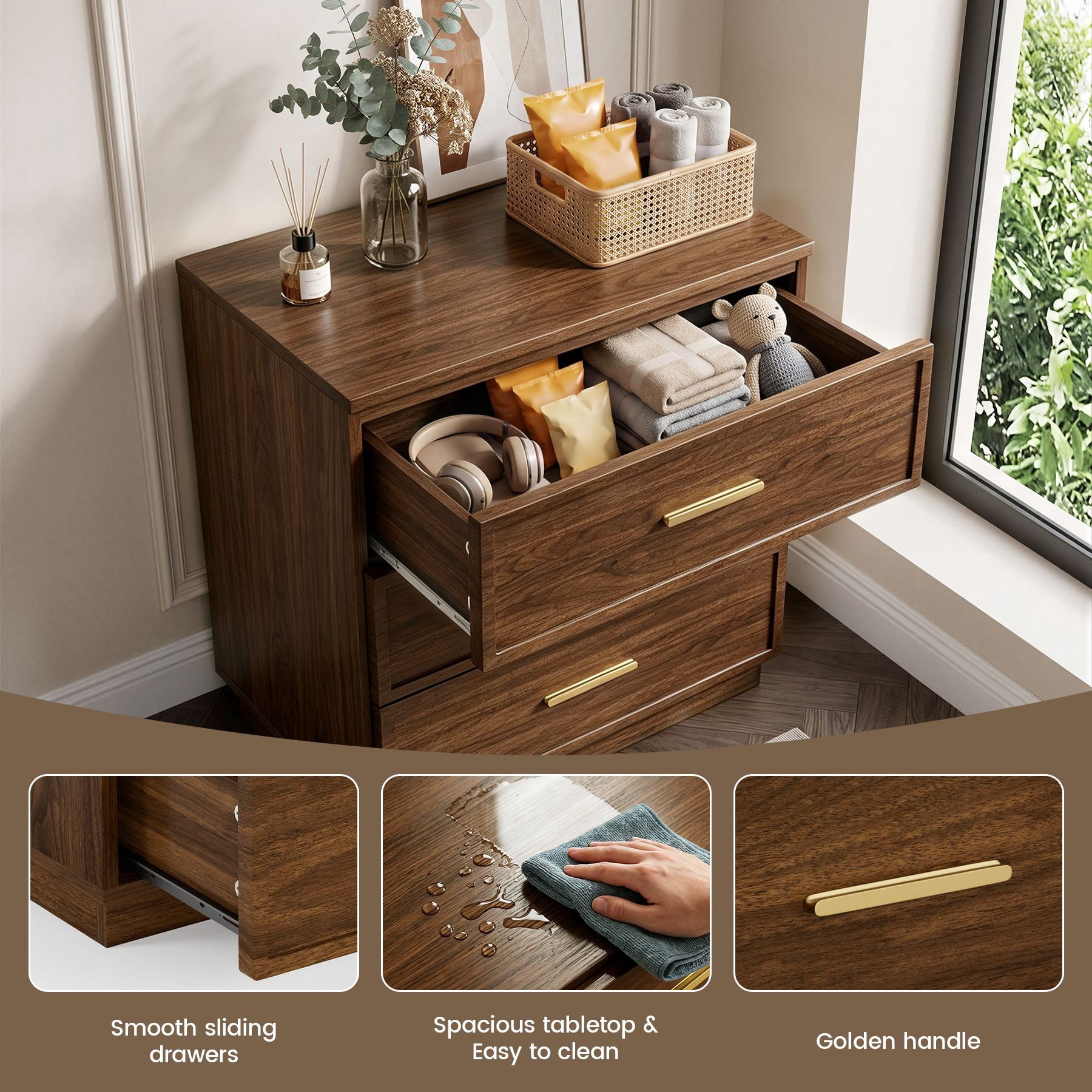 MOONMISS Modern 3-Drawer Nightstand Set of 2,Bedside Table with Sturdy Base & Gold Handles for Bedroom,Living Room,Walnut Finish