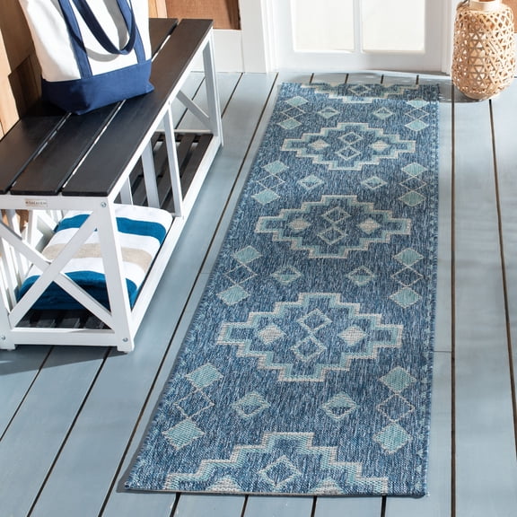 SAFAVIEH Courtyard Floella Geometric Indoor/Outdoor Runner Rug, Navy/Aqua, 2'3" x 14'