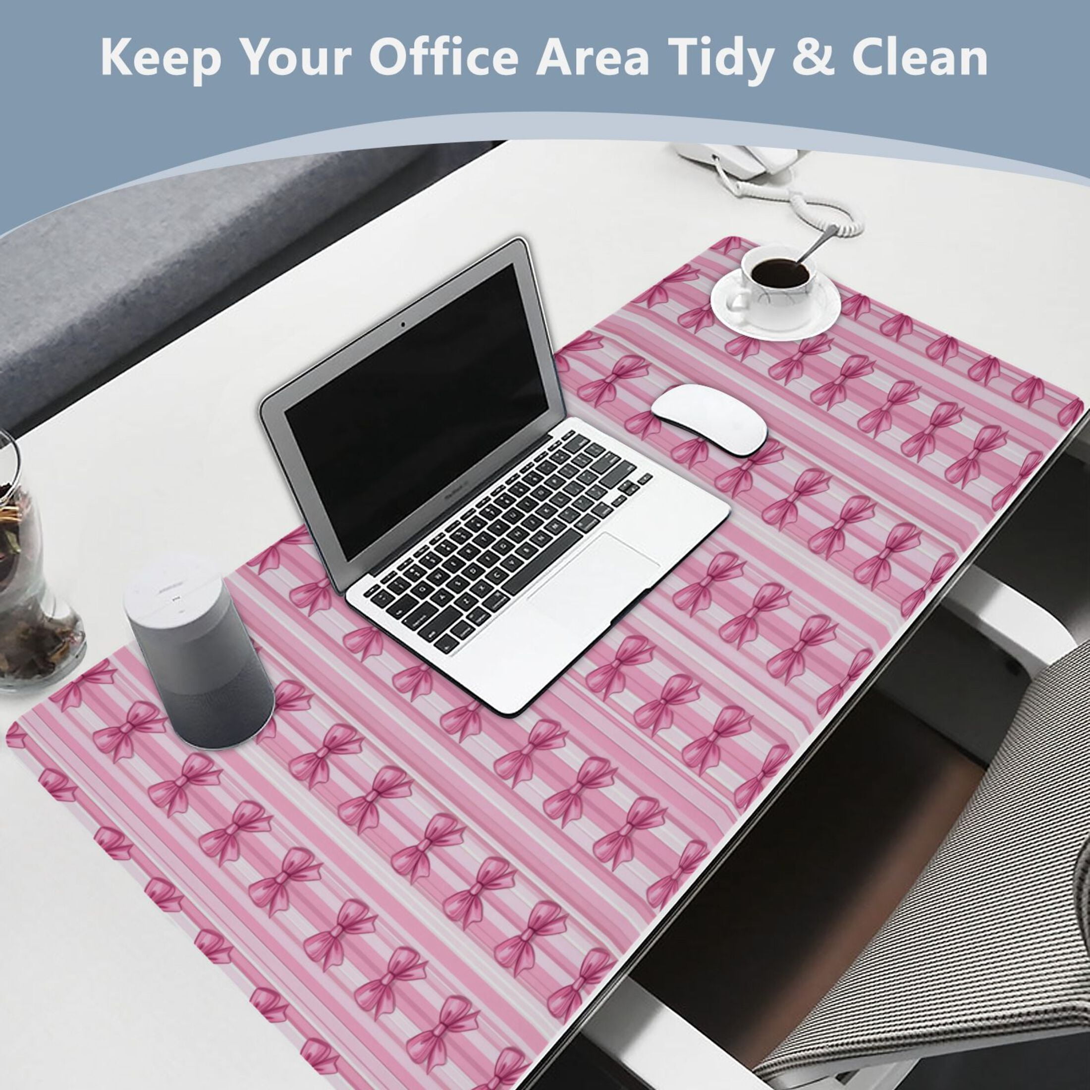 Leather Keyboard and Mouse Desk Mat Office Desk Accessories Protective Office Desk Decor Desk Pad Mat for Gaming, Work from Home, Office Pink Bows 23.6" x 47.2"
