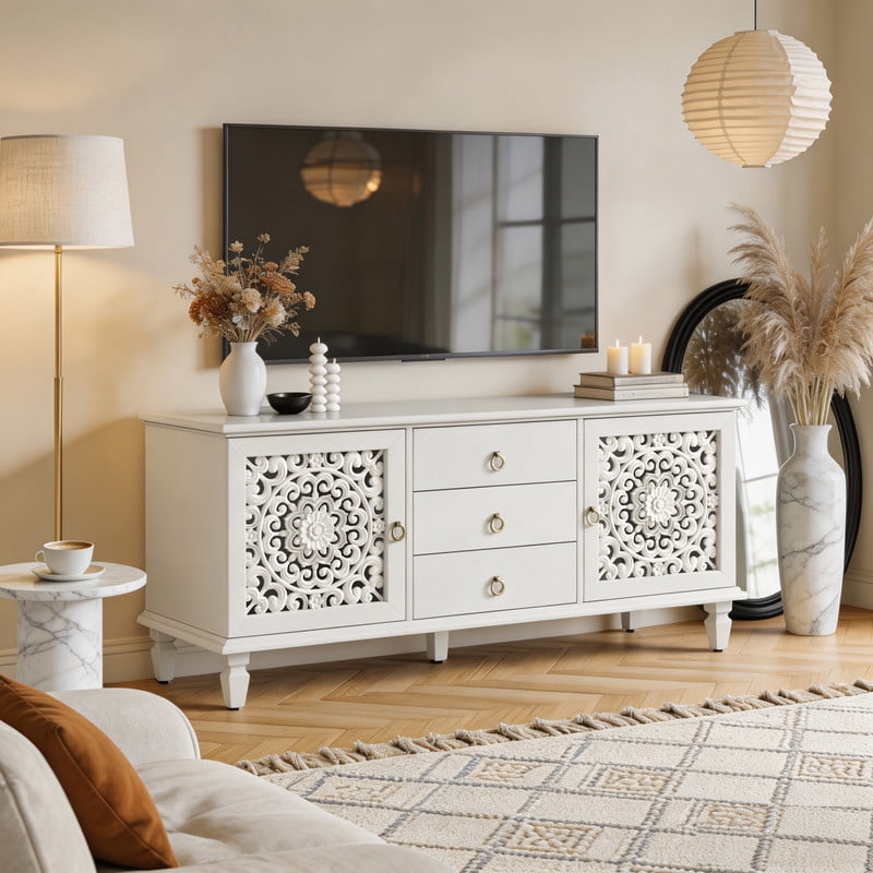 Vintage TV Stand with Carved Doors for 65'' TVs, Freestanding Storage Cabinet Media Console with Drawers & Adjustable Shelf