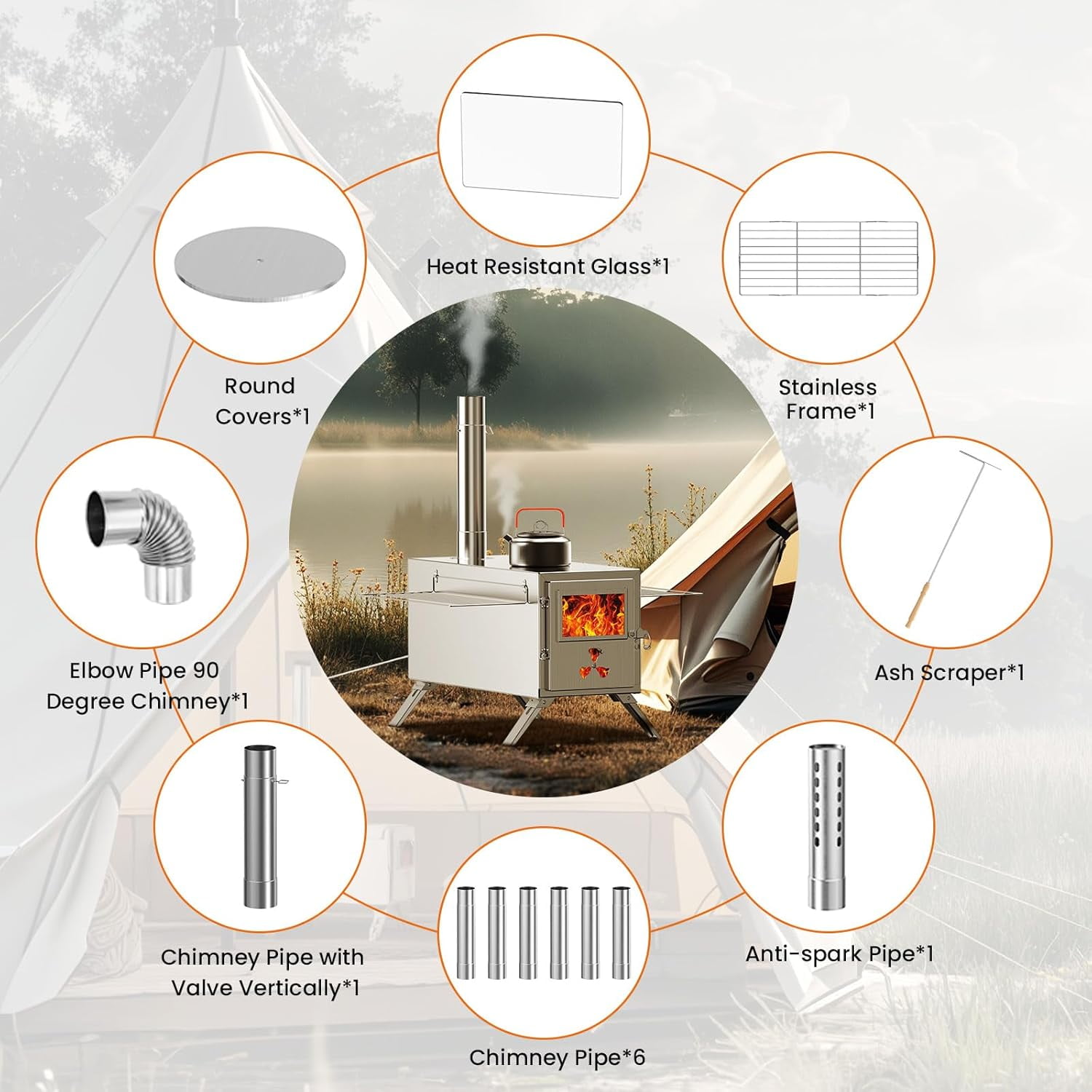 Mophoto Upgraded Wood Stove,Hot Tent Stove Camping Portable Stainless Steel Wood Burning Stove with 7 Chimney Pipes for Wall Tent Camping,Hunting,Heating,Cooking,Ice Fishing,Boiling Water