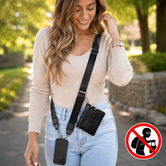 Clip and Go Phone Strap with Wallet Crossbody, Adjustable Cell Phone Lanyard with Zippered Pouch, Black