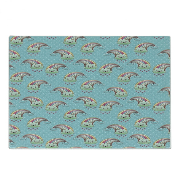 Anime Cutting Board, Cartoon Rainbow Clouds with Smiling Faces on Pale Blue Background with Hearts, Decorative Tempered Glass Cutting and Serving Board, in 3 Sizes, by Ambesonne