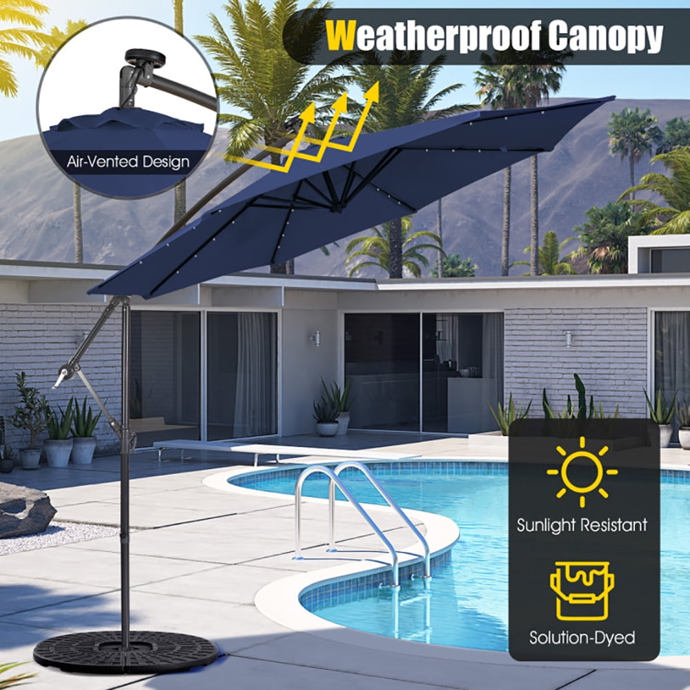 Aimee Lii 10 Feet Patio Solar Powered Cantilever Umbrella with Tilting System, Sunbrella Patio Umbrellas, Navy Aimee Lii 10 Feet Patio Solar Powered Cantilever Umbrella with Tilting System, Sunbrella Patio Umbrellas, Navy
