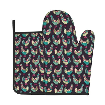 

KLL Bohemian Chicken Pattern Oven Mitts and Pot Holders 2pcs Sets for Kitchen Oven Mitt Heat Resistant 536°F Oven Gloves for Kitchen Cooking and Baking