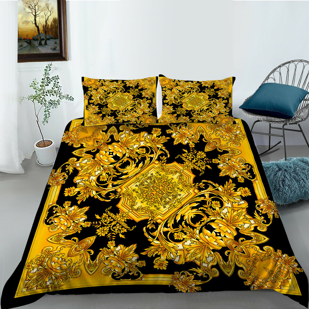 Black And Golden Background Bedding Cover Set 2/3 Pcs Home Bed Clothes
