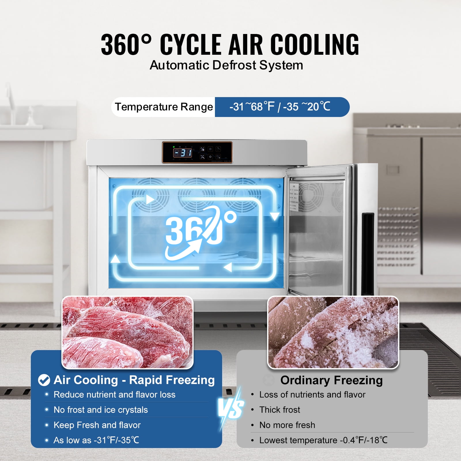 KFFKFF Commercial Blast Freezer, 32 L / 1.1 Cu.ft Capacity with 4 1/3 Trays, Food Freezer Chest Featuring Cooling and Freezing Functions, Stainless Steel Design for Restaurants and Seafood Storage