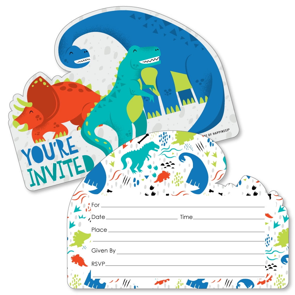 Roar Dinosaur - Shaped Fill-In Invitations - Dino Mite T-Rex Baby Shower or Birthday Party Invitation Cards with