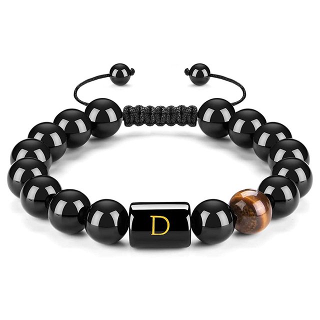 Con Letras Ajustables De 10Mm, Cuentas De Piedra De Ojo De Tigre De Ónix Negro Natural, Pulsera De Cuerda Trenzada, Regalo Significativo 26 Pulseras Monstrate AP006886-02