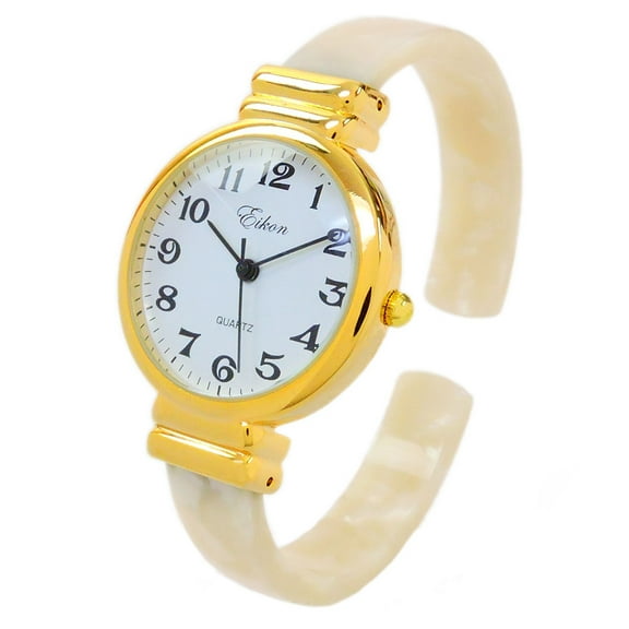 White Pearl Gold Acrylic Band Round Face Women's Bangle Cuff Watch