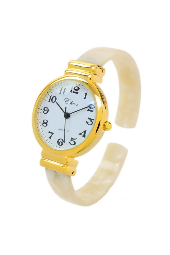 White Pearl Gold Acrylic Band Round Face Women's Bangle Cuff Watch