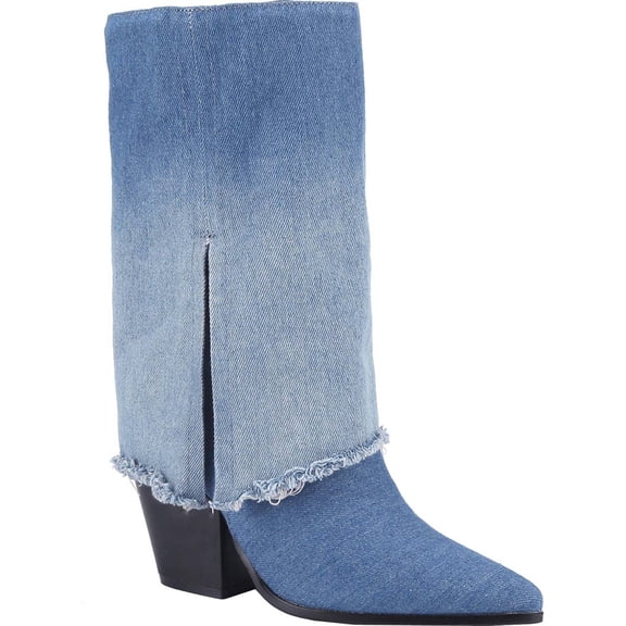 Women's Denim Cowboy Boots Pointed Toe Chunky Block Heel Frayed Jean Mid Calf Western Fashion Booties