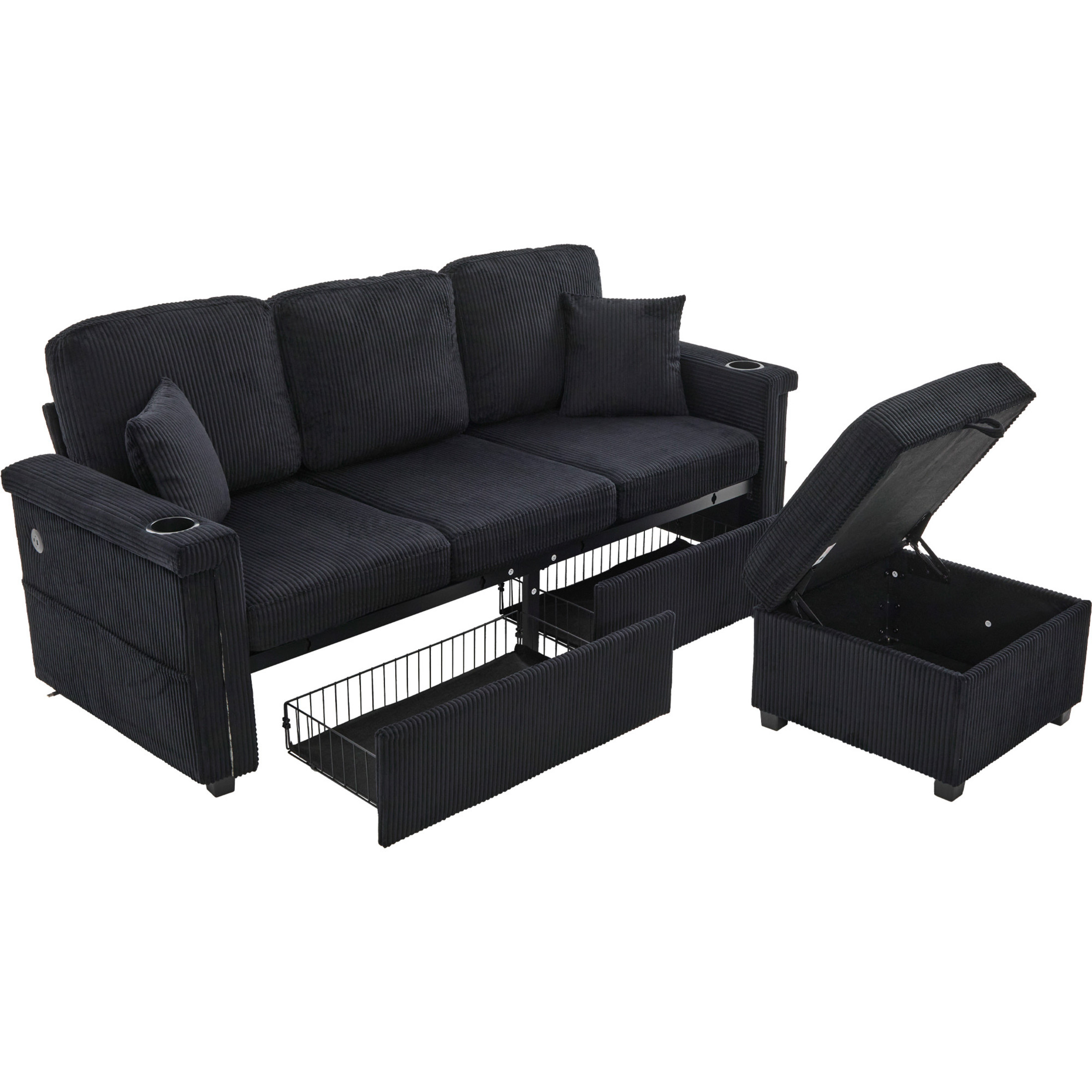 Noble House Elena 4-Seater L-Shaped Corduroy Sectional Sofa with Pull-Out Storage, Ottoman for Living Room, Black