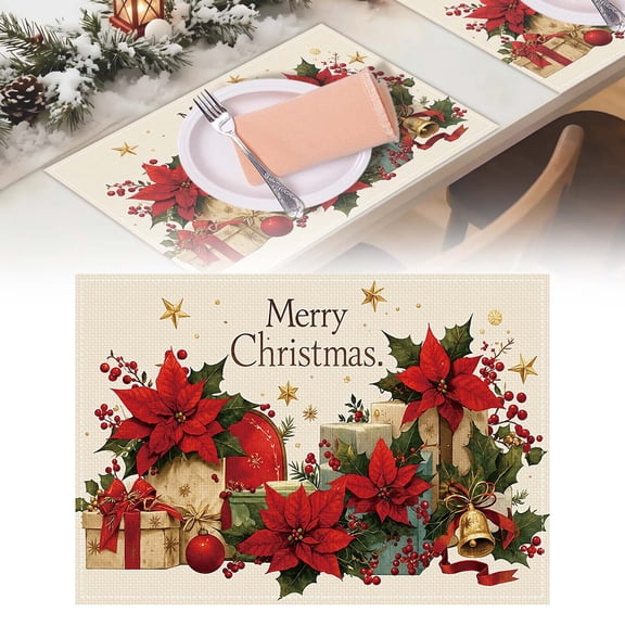 Clearance Merry Christmas Placemats 12x18 Inch, Winter Xmas Flower Linen Table Mats Reusable Washable Place Mats for Party Kitchen Dining Indoor Decor
