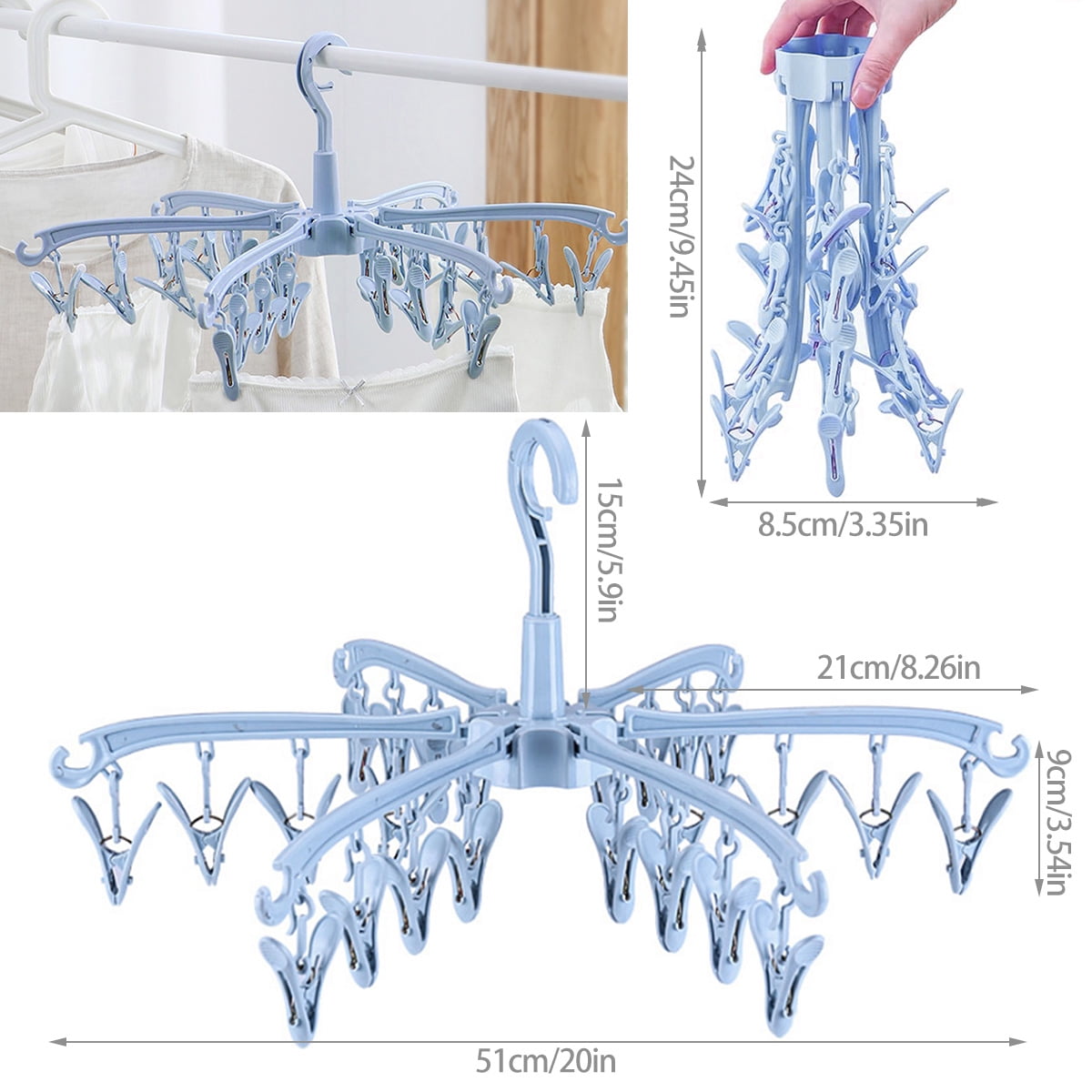 Hvxrjkn Sock Drying Rack 24 Clips Plastic Laundry Clothes Hanger Rotatable Hanger Dryer Foldable Portable for Socks Underwear Baby Clothes