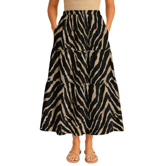 Moomaya Womens Rayon Maxi Skirt with Pockets | Flowy Tiered Boho Skirt | Elastic Waist Resort Wear | Summer & Travel Outfit
