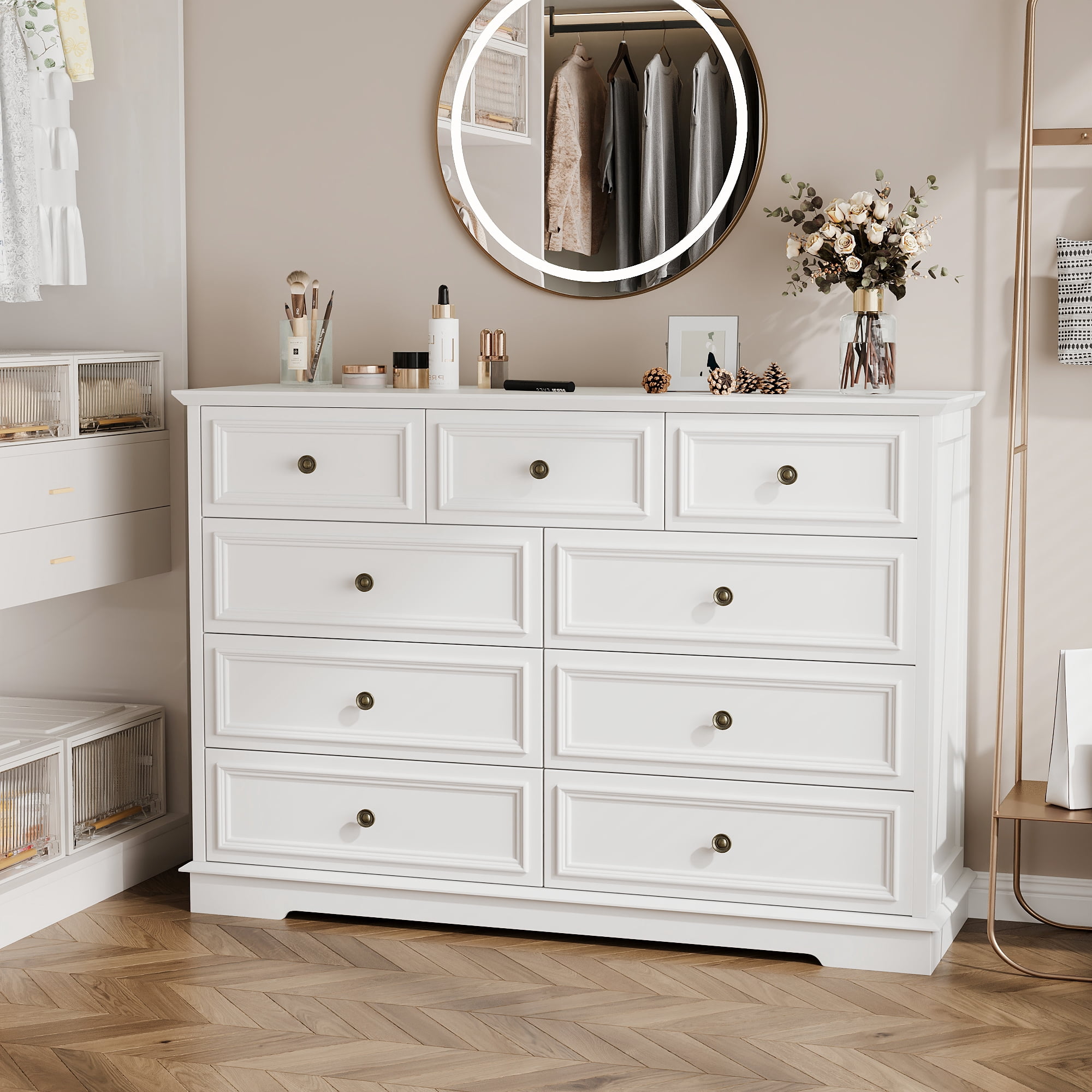 IDEALSOUL White Dresser, 9 Drawer Dresser with Round Metal Handle, 47.2" Retro Wood Storage Cabinet with 6 large drawer and 2 Small drawer for Living Room, Bedroom, Hallway