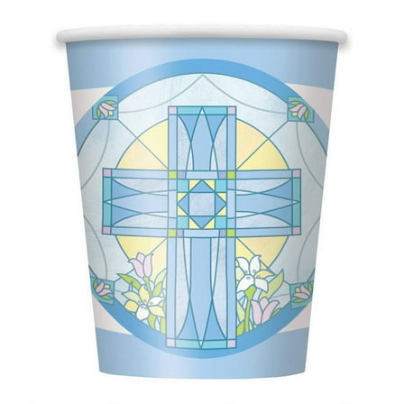 9 oz Paper Blue Sacred Cross Religious Cups, 8ct