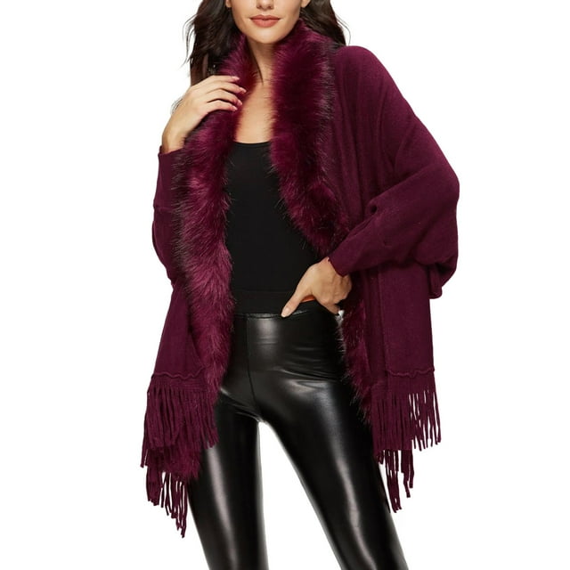 Women's Solid Color Collar Cloak Knitted Cape Shawl - Acrylic Fabric, Tassel Hem, Open Front, Fall/Winter