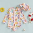 thumbnail image 2 of 12-24 M Toddler Girl Swimsuit Summer Floral Print Zipper Rash Guard Swimsuit With Matching Cap For Baby Girls Beachwear, 2 of 7