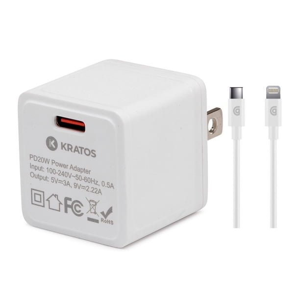 Adaptador de corriente Kratos USB Type-C PD de 20 W con cable USB-C MFI