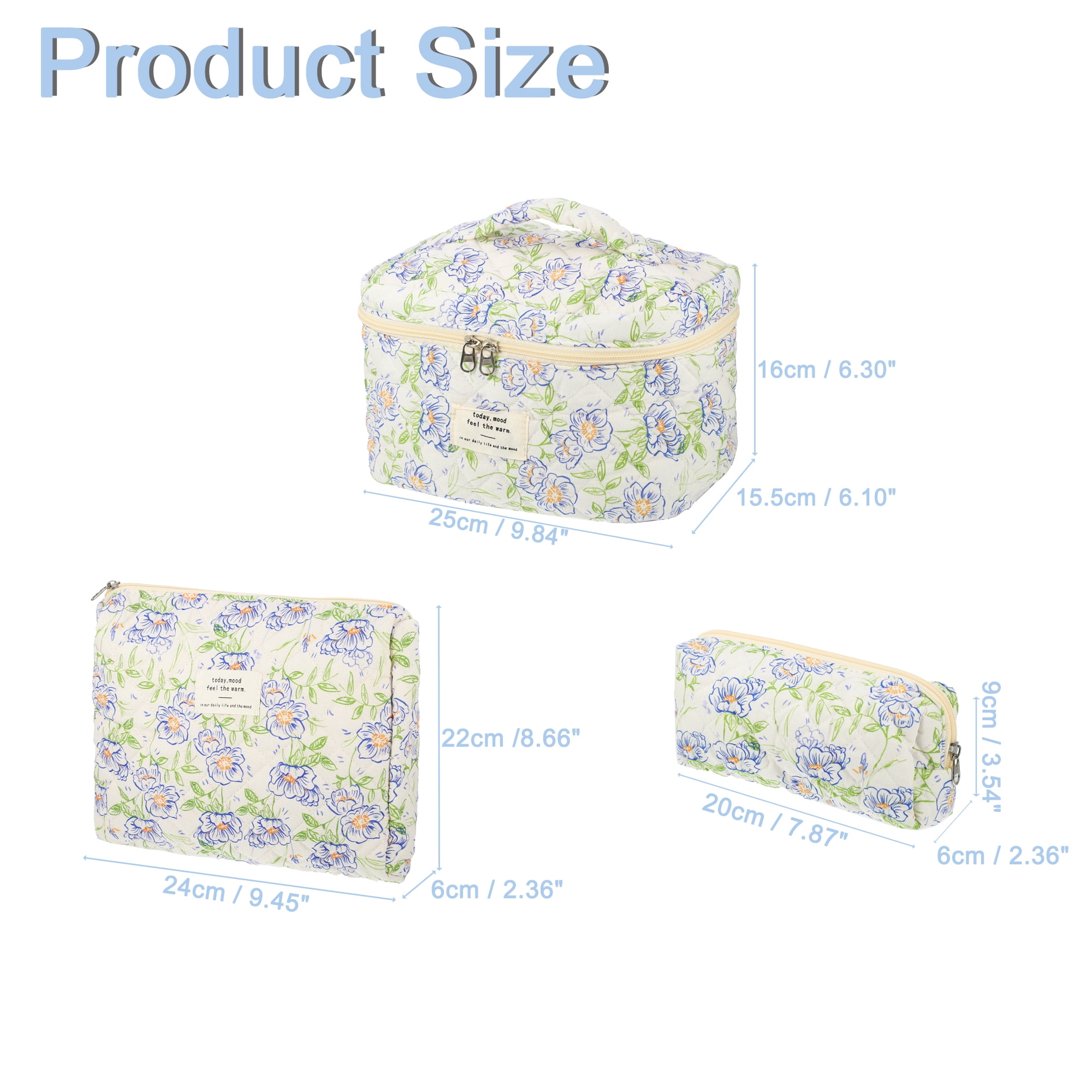 Unique Bargains 3Pcs Large Capacity Travel Cotton Quilted Toiletry Bag Blue, Beige