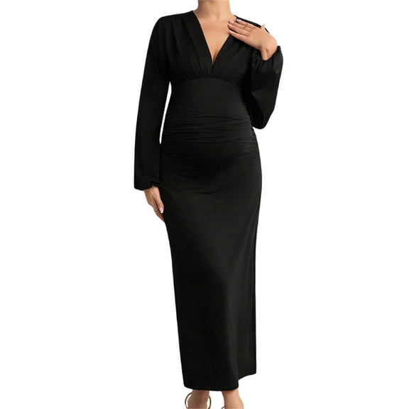 FAVIPT Women Pregnant Dresses Elastic Bodycon Long Sleeve Wrap V-Neck Maternity Dress Casual Solid Ruched Pregnancy Dress Black,S